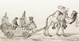 العازف بول هوفهايمر يلعب في عربة رسمها جمل ، من "El Mundo Ilustrado" ، نشر برشلونة ، 1880. بواسطة هانز برجكمير