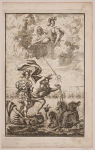 نبتون يندفع فوق البحر. صفحة العنوان لـ Fontenay ، "Söe-Evolution" ؛ كوبنهاغن 1743 بواسطة هانز هنريش كريستيان أولريش