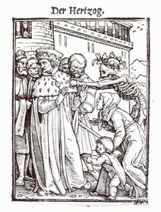 الموت والدوق ، من "رقصة الموت" ، نقش هانز لوتزلبرغر ، c.1538 بواسطة هانز هولبين الأصغر