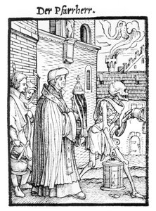 الموت وكاهن الرعية ، من "رقصة الموت" ، نقش هانز لوتزلبرغر ، c.1538 بواسطة هانز هولبين الأصغر