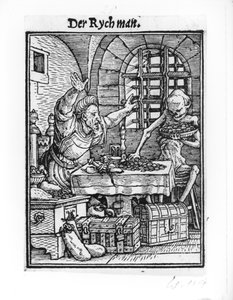 الموت والرجل الغني ، من "رقصة الموت" ، نقش هانز لوتزلبرغر ، c.1538 بواسطة هانز هولبين الأصغر