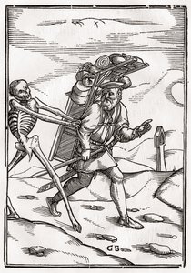 يأتي الموت إلى Pedlar ، الذي نقشه جورج Scharffenberg ، من "Der Todten Tanz" ، نشر بازل ، 1843 بواسطة هانز هولبين الأصغر