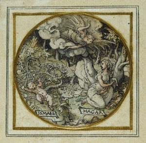 هاجر وإسماعيل - تصميم لقلادة أو شارة قبعة ، حوالي 1532-43 (قلم وحبر على ورق) بواسطة هانز هولبين الأصغر