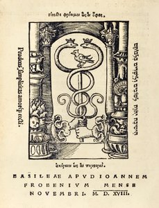علامة طابعة يوهان فروبنز (حوالي 1460-1527) تظهر يدين تمسكان الصولجان من الطبعة الثالثة من 1518 من "يوتوبيا" للسير توماس مور (1478-1535) التي نُشرت لأول مرة في عام 1516. نقش خشبي لهانس هولباين الأصغر (ج. 1497-1543) بواسطة هانز هولبين الأصغر
