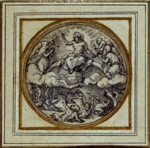 The Last Judgment - Design for a pendant or hat badge, c.1532-43 (pen & ink on paper) بواسطة هانز هولبين الأصغر