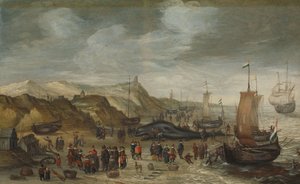 حوت العنبر جرفته الأمواج على الشاطئ في نوردفيك، 28 ديسمبر 1614 بواسطة هانز الأول سافري