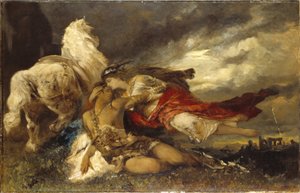 Valkyrie et un heros mourant - Valkyrie and a Dying Hero ، بقلم ماكارت ، هانز (1840-1884). زيت على قماش. الأبعاد: ١٣٠ × ٢٠٠ سم. المتحف الوطني ستوكهولم بواسطة هانز ماكارت