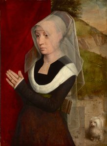 Femme en priere avec son chien - تصلي المرأة مع كلبها ، بواسطة Memling ، Hans (1433 / 40-1494). زيت على خشب بواسطة هانز مملينج