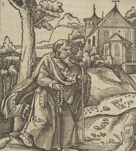 حاج قديم يمشي إلى اليمين ، من Hymmelwagen auff dem ، wer wol Leben ... ، 1517. بواسطة هانز شوفيلين الأكبر
