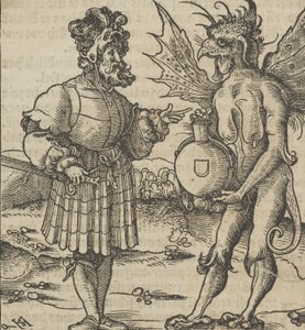 الشيطان يقدم السم لفارس ، من Hymmelwagen auff dem ، wer wol leben ... ، 1517.