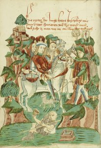 لقاء Josaphat مع رجل أعمى ومتسول السيدة Ludwig XV 9 fol. 31v ، 1469 (حبر ، يغسل اللون ، وطباعه على الورق) بواسطة هانز شيلينغ