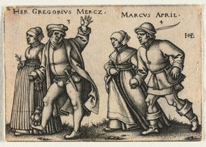 زفاف الفلاحين أو الاثني عشر شهرًا: 3-Her Gregorius Mercz 4-Marcus April، 1546. بواسطة هانز سيبالد بهام
