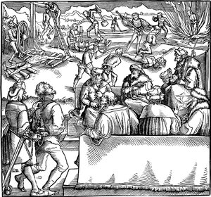 جلسة المحكمة. رسم توضيحي من كتاب Phisicke Against Fortune بواسطة Petrarch ، 1532 بواسطة هانز ويديتز الأصغر