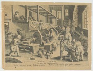 Politura Armorum ، أذرع تلميع ، اللوحة 17 من سلسلة Nova Reperta ، الاكتشافات الحديثة ، ج 1588 (نقش) بواسطة هانز الأصغر كوليرت