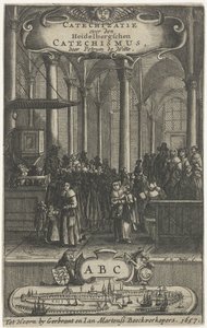 داخل الكنيسة صفحة العنوان لـ: P. de Witte ، التعليم المسيحي حول Heidelbergschen Catechismus ، 1657 بواسطة هارمن دي ماير