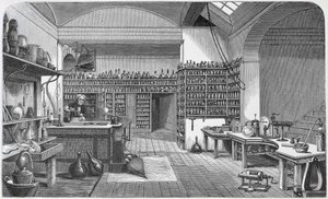 مايكل فاراداي (1791-1867) في مختبره في الطابق السفلي ، من كتاب "حياة ورسائل فاراداي" لهنري بنس جونز ، نُشر عام 1870 ، 1869 بواسطة هارييت جين مور