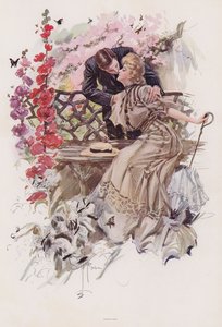 الرجل، تقبيل، المرأة، إلى داخل، أداة تعريف إنجليزية غير معروفة، جنة، (color litho) بواسطة هاريسون فيشر