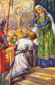 "أمنحك هذا القلادة يا سيدي الفارس" (طباعة حجرية ملونة) بواسطة Harry George Theaker