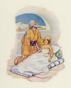 ومرة أخرى ضمَّ أليشع الطفل الصغير إليه عن قرب (صورة حجرية ملونة)