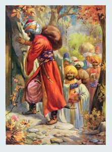 "افتح يا سمسم"، رسم توضيحي من "قصص الأطفال من الليالي العربية"، بقلم روز ييتمان وولف، حوالي عام 1920 (طباعة حجرية ملونة)