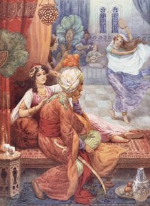 الأمير أحمد والجنية بانو، رسم توضيحي من "قصص الأطفال من "الليالي العربية"، بقلم روز ييتمان وولف، حوالي عام 1920 (طباعة حجرية ملونة) بواسطة هاري جورج ثيكر
