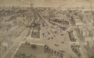 بروكلين بلازا من جسر مانهاتن ، حوالي عام 1917 (حبر وغسل الهند مع لمسة بيضاء غير شفافة)