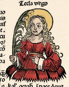 تمثيل العذراء والشهادة Thecle of Iconium (Santa Tecla) Xylography of "" Chronicles of Nuremberg "" "بقلم هارتمان شيدل بواسطة هارتمان شيدل