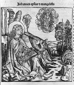 تمثيل القديس يوحنا الإنجيلي. نقش من "ليبر مزمنارم" (سجلات نورمبرغ) لهارتمان شيدل 1493 بواسطة هارتمان شيدل