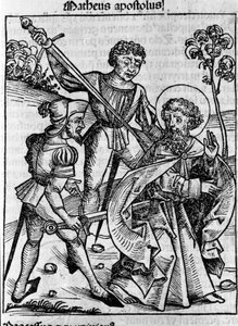 تمثيل القديس ماثيو الإنجيلي. نقش من "ليبر مزمنارم" (سجلات نورمبرغ) لهارتمان شيدل 1493 بواسطة هارتمان شيدل