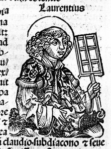 سان لوران ممسكًا بيده الشواية ، أداة استشهاده. نقش من "Liber Chronicarum بواسطة هارتمان شيدل" بواسطة هارتمان شيدل