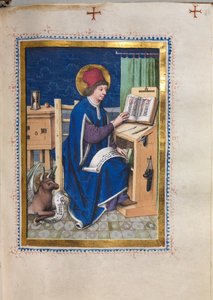 كتاب الإنجيل مع صور الإنجيليين: القديس لوقا ، 1480-1500. بواسطة سيد كتاب المنزل