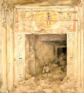 الجزء الداخلي المدمر لمعبد إسنا (إسنا)، مصر العليا. لوحة مائية للمهندس المعماري الفرنسي هيكتور هورو (1801-1872).