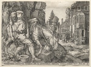 مثل السامري الصالح: السامري الصالح يضع المسافر على حماره ، 1554. بواسطة هاينريش ألدغريفير