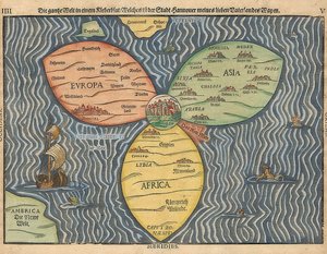 ثلاث قارات من العالم شامر ، والقدس في المركز. 1581