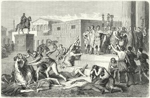 ال Triumvirate لمارك أنتوني وماركوس Aemilius Lepidus وأوكتافيان يعلنون الحظر ضد أعدائهم السياسيين ، 43 قبل الميلاد