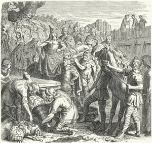 The burial of Alaric I, King of the Visigoths, in the bed of the River Busento, 410 (engraving)