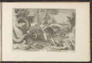 Cadmus يذبح التنين Ovid's Metamorphoses (عنوان السلسلة) P. Ovid's Re-Creations Naso (عنوان السلسلة) بواسطة هندريك جولتزيوس (ورشة عمل)