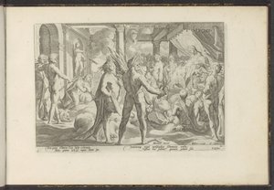 Phaëton in het paleis van Helios ميتا أوفيد. ليب. II (العنوان على الكائن) أوفيد ميتامورفوسن (عنوان المسلسل) أوفيديوس ناسو (عنوان المسلسل) بواسطة هندريك جولتزيوس (ورشة عمل)