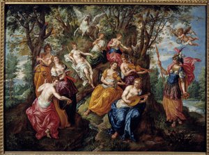 زيارة مينيرفا في لوحة Muses التي رسمها Hendrick de Clerk (1570-1629) (ec.flam.) من القرن السابع عشر شالون سور مارن. متحف الفنون الجميلة بواسطة هندريك دي كليرك