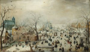 المناظر الطبيعية الشتوية مع المتزلجين. ج 1608 (زيت على اللوح)