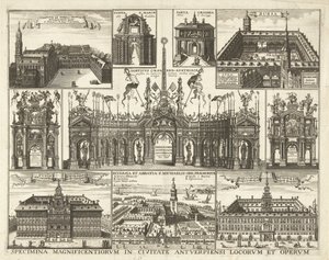 Blad met tien voorsetningen van de tocht van de Kardinaal Infant Ferdinand te Antwerpen، 1635 عينات من أروع الأماكن والأعمال في مدينة أنتويرب (العنوان على الكائن) بواسطة هندريك كوسي