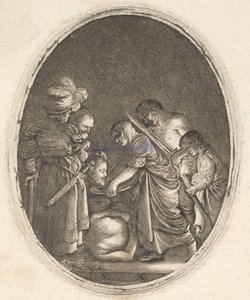 استلم سالومي رأس يوحنا المعمدان ، محاطًا بثلاثة رجال وطفل ... ، كاليفورنيا. 1610. بواسطة هندريك جودت