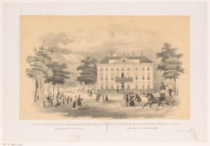 منظر من Tournooiveld على Herenlogement van Dordrecht في لاهاي حوالي عام 1850 يمكن رؤية منظر منزل السيد حسن المولد السيد إتش آي كان من Tournooiveld (العنوان على الكائن)