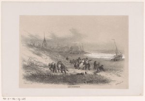 Scheveningen خلال عاصفة 28 مايو 1860 Scheveningen (العنوان على الكائن) ألبوم لعشرة رسومات مطبوعة بالحجر ، تصور تونيلين فان دي فيروستينج ، المتضررة من عاصفة 28 مايو 1860 في جرافينهاغش بوش بوش ، في شيفينينغن ،