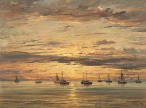 غروب الشمس في Scheveningen: أسطول من سفن الصيد في Anchor ، 1894.