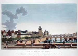 منظر لسوق الزهور بواسطة قصر العدل ، حوالي 1816-2020 (نقش ملون) بواسطة هنري (بعد) Courvoisier Voisin