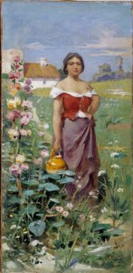 Camargaise إبريق امرأة شابة يرتدون ملابس غجرية في حقل. لوحة أدريان هنري تانو (1865-1923) القرن العشرين ذكر إلزامي: مجموعة مؤسسة فور دي بروفانس ، مرسيليا