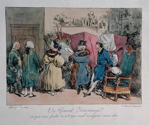 شخص مشهور: "ما تفعله لم يتم تصويره بشكل سيئ عزيزي" ، رسم كاريكاتوري لـ "Vues de Paris ، esquisses Morales et Philphiques" ، نقش بقلم فرانسوا سيرافين ديلبش (1778-1825) (لون ليثو)