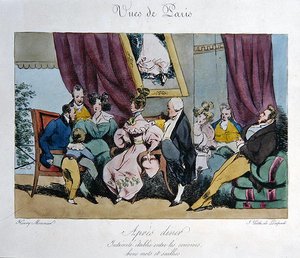 تصوير فكاهي لسلوك ومحادثات الضيوف بعد العشاء ، رسوم متحركة لـ "Vues de Paris، esquisses morales et Philpech" ، نقشها فرانسوا سيرافين ديلبش (1778-1825) (لون ليثو)