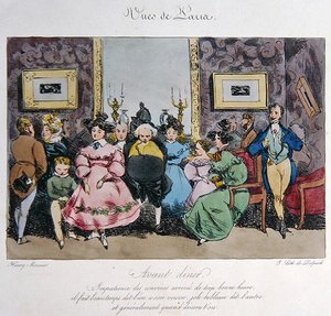 تصوير فكاهي لسلوك ومحادثات الضيوف قبل العشاء ، نقشها فرانسوا سيرافين ديلبش (1778-1825) (لون ليثو)